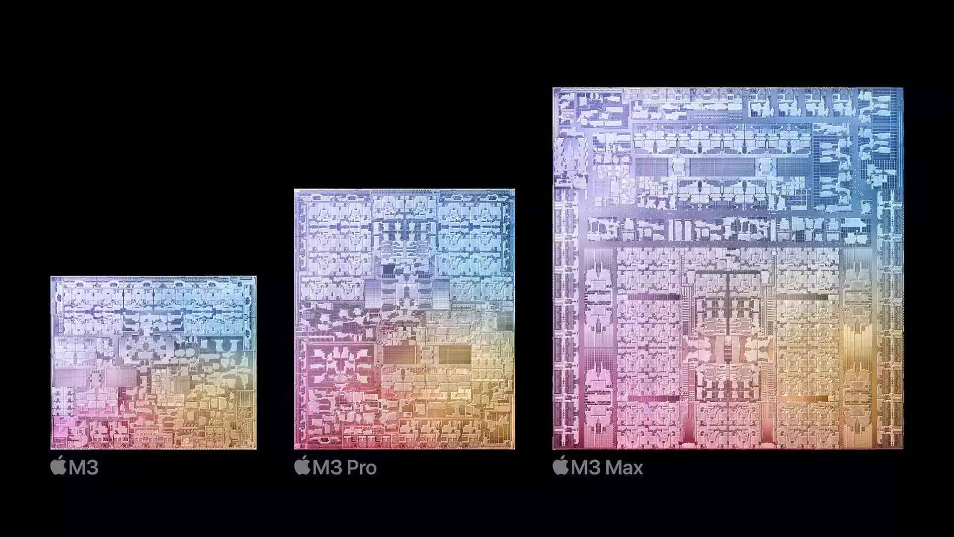 Apple M3 Chip family: M3, M3 Pro, and M3 Max.