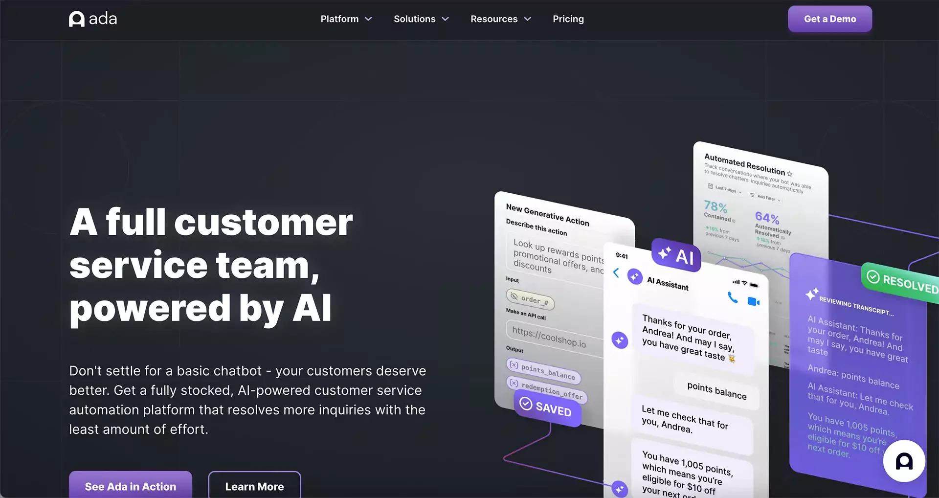 Ada customer service representative AI chatbot